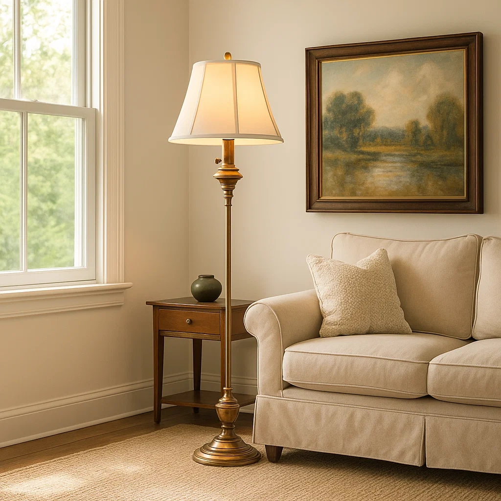 Lámpara de pie de latón con pantalla blanca cilíndrica