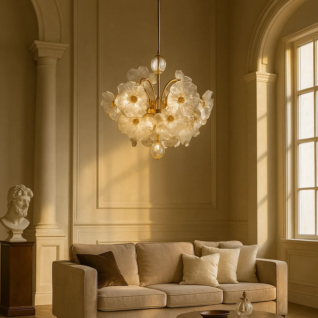 Lámpara de techo de cristal transparente con estructura dorada en forma de flores