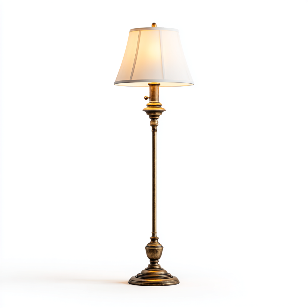 Lámpara de pie de latón con pantalla blanca cilíndrica