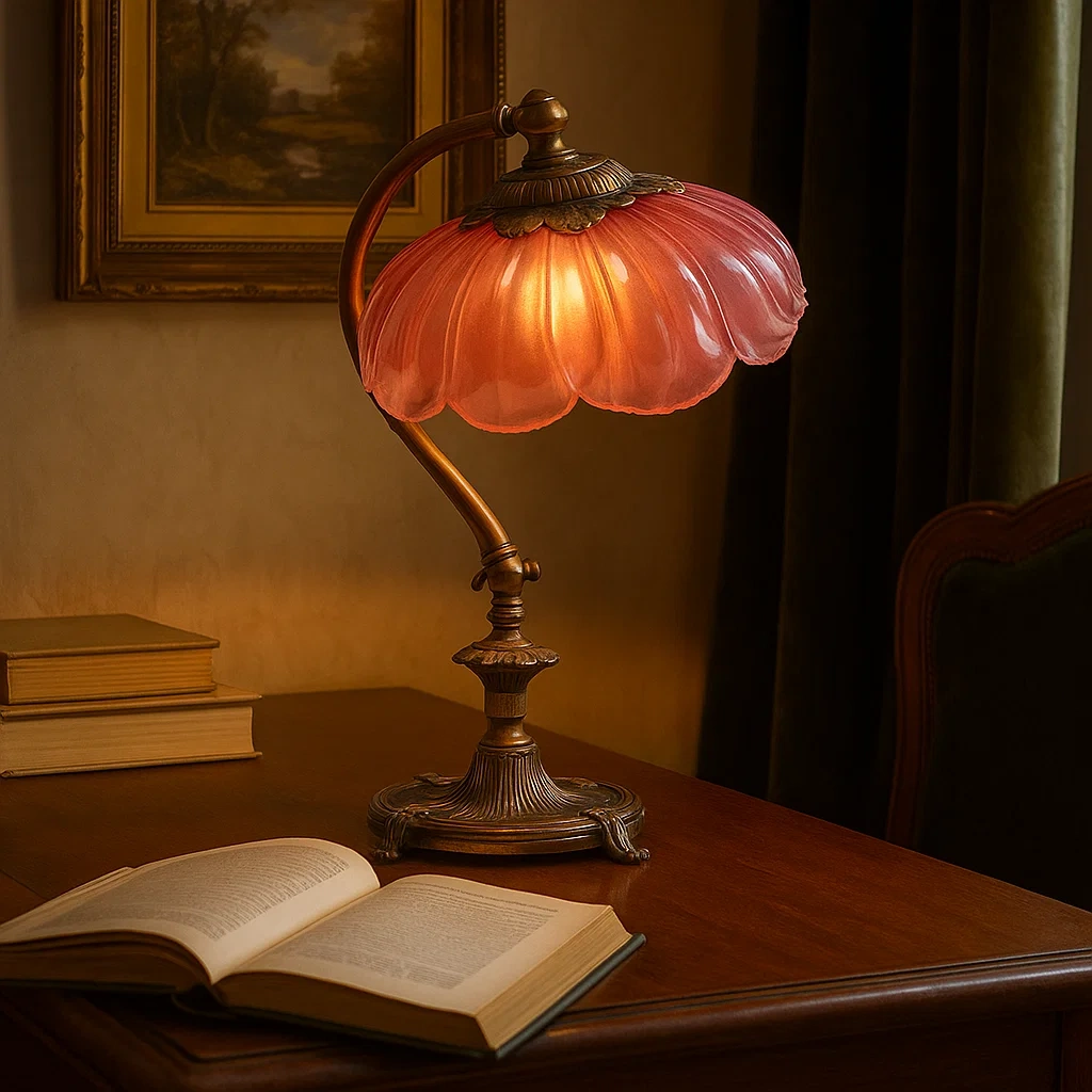Lámpara de mesa vintage de latón con pantalla de vidrio rosa en forma de flor