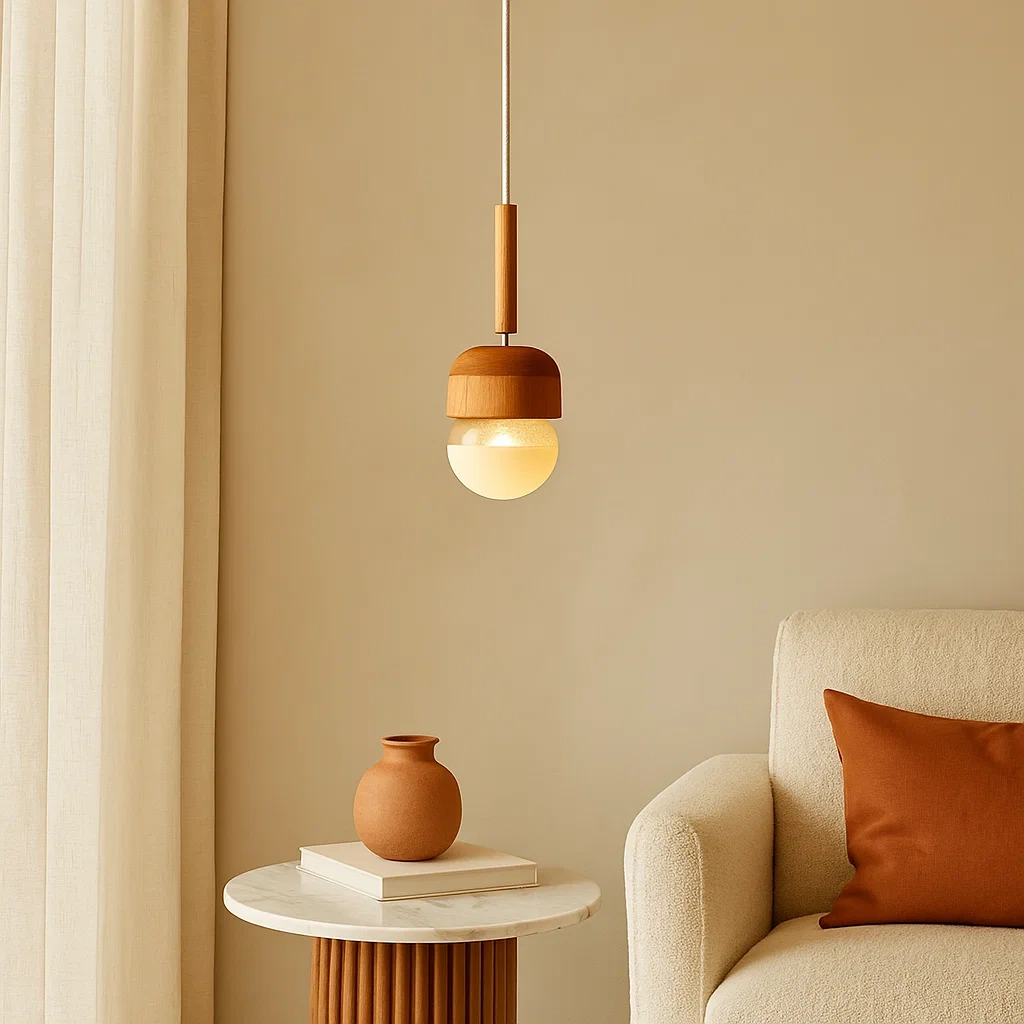 Lámpara colgante minimalista de madera y vidrio esmerilado