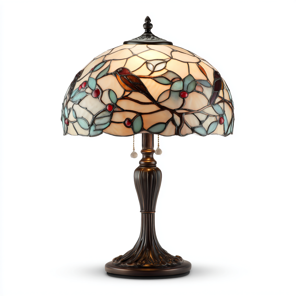 Lámpara de mesa con pantalla de vidriera y motivo de pájaro