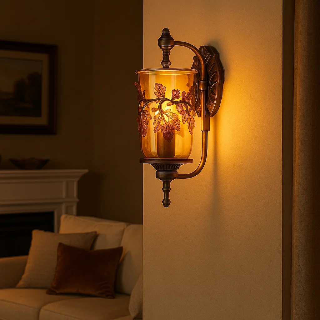 Aplique de pared con acabado en bronce antiguo y detalles en cristal ámbar