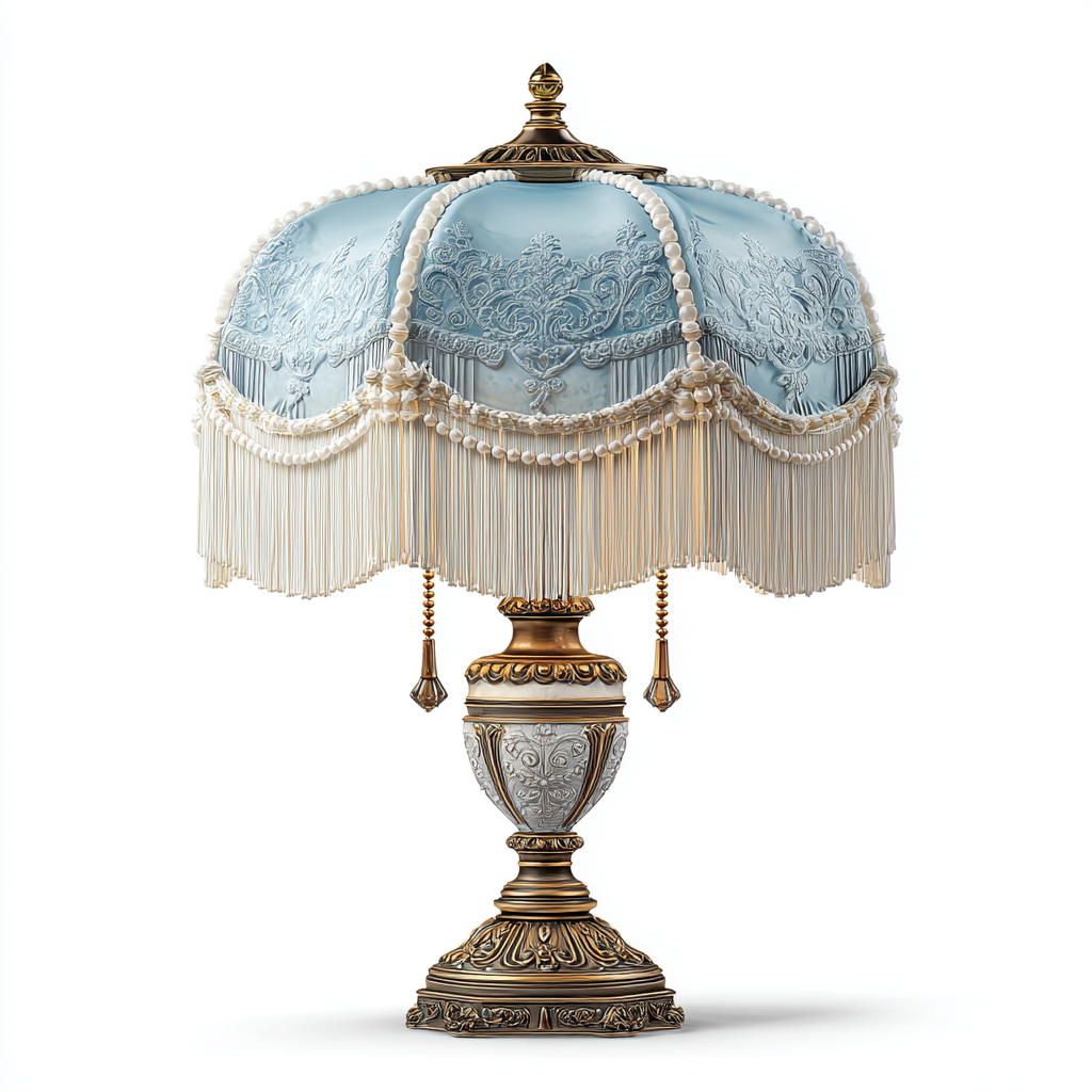 Lámpara de mesa vintage con pantalla azul bordada y flecos decorativos