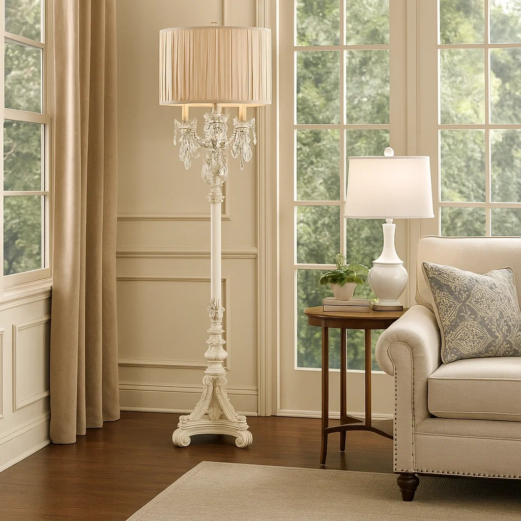 Lámpara de pie estilo barroco con pantalla plisada y detalles de cristal