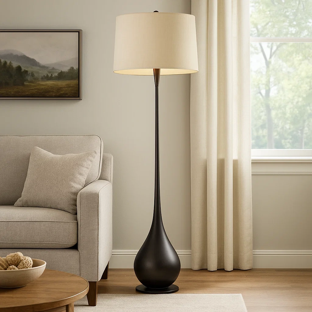 Lámpara de pie moderna con base en forma de gota y pantalla cilíndrica de tela
