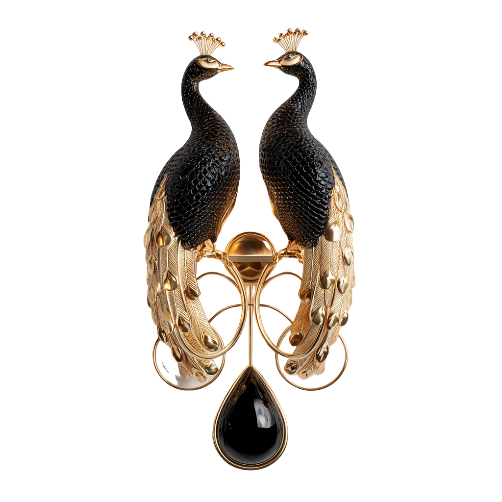Aplique de pared en forma de pavo real de metal dorado y vidrio negro