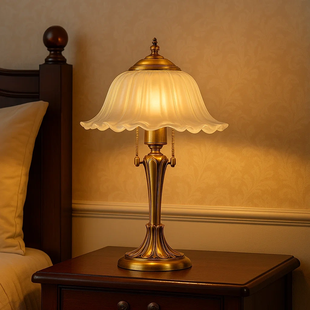 Lámpara de mesa clásica de latón con pantalla de vidrio esmerilado