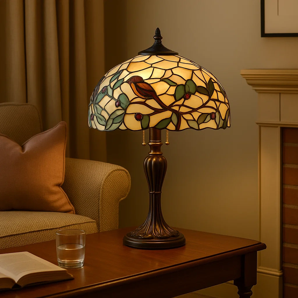 Lámpara de mesa con pantalla de vidriera y motivo de pájaro