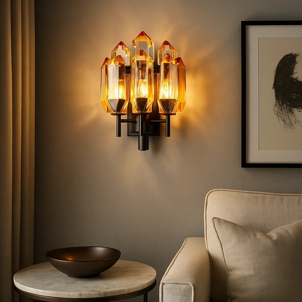 Lámpara de pared moderna de estilo europeo con base negra y detalles en cristal ámbar