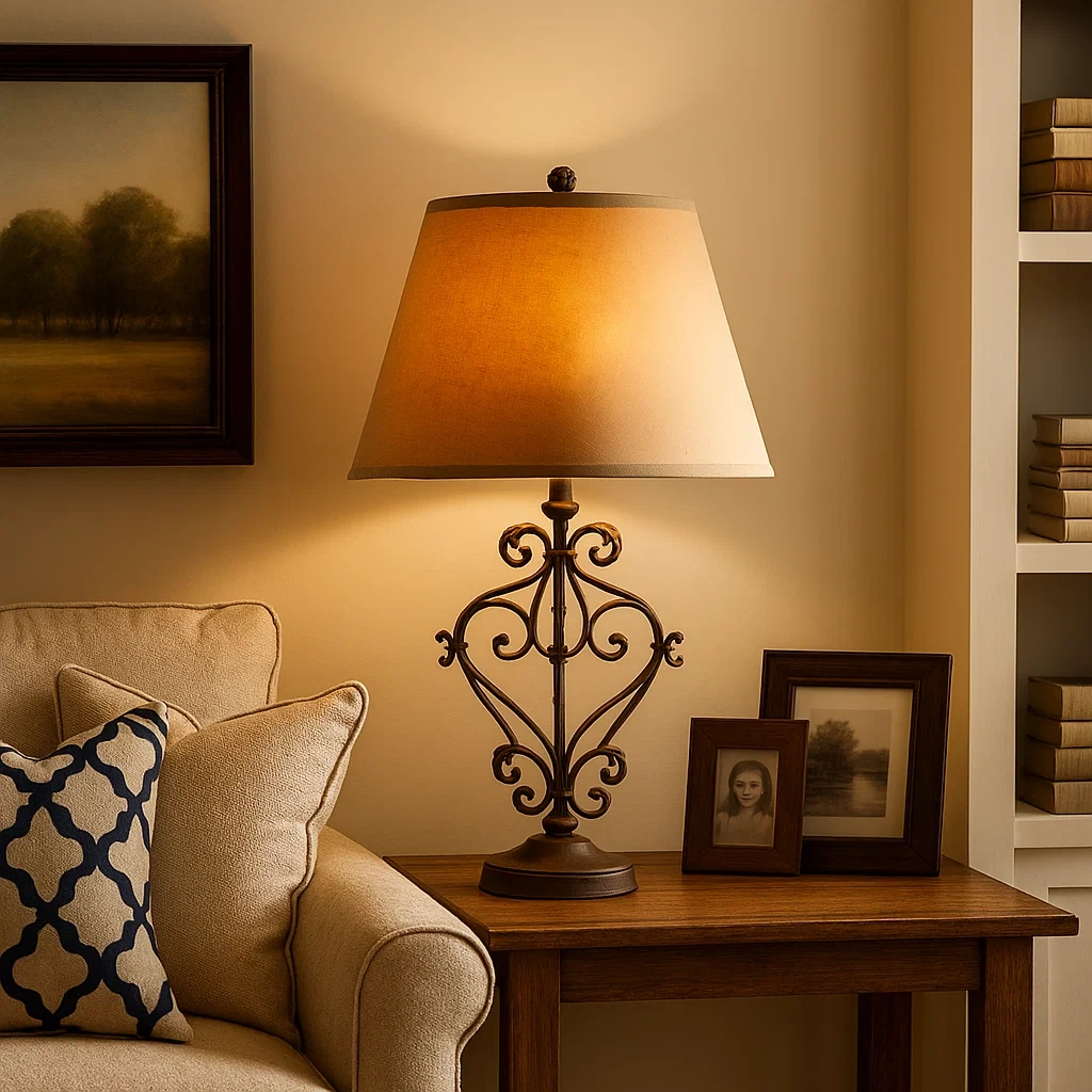 Lámpara de mesa rústica con base de hierro forjado y pantalla de lino beige