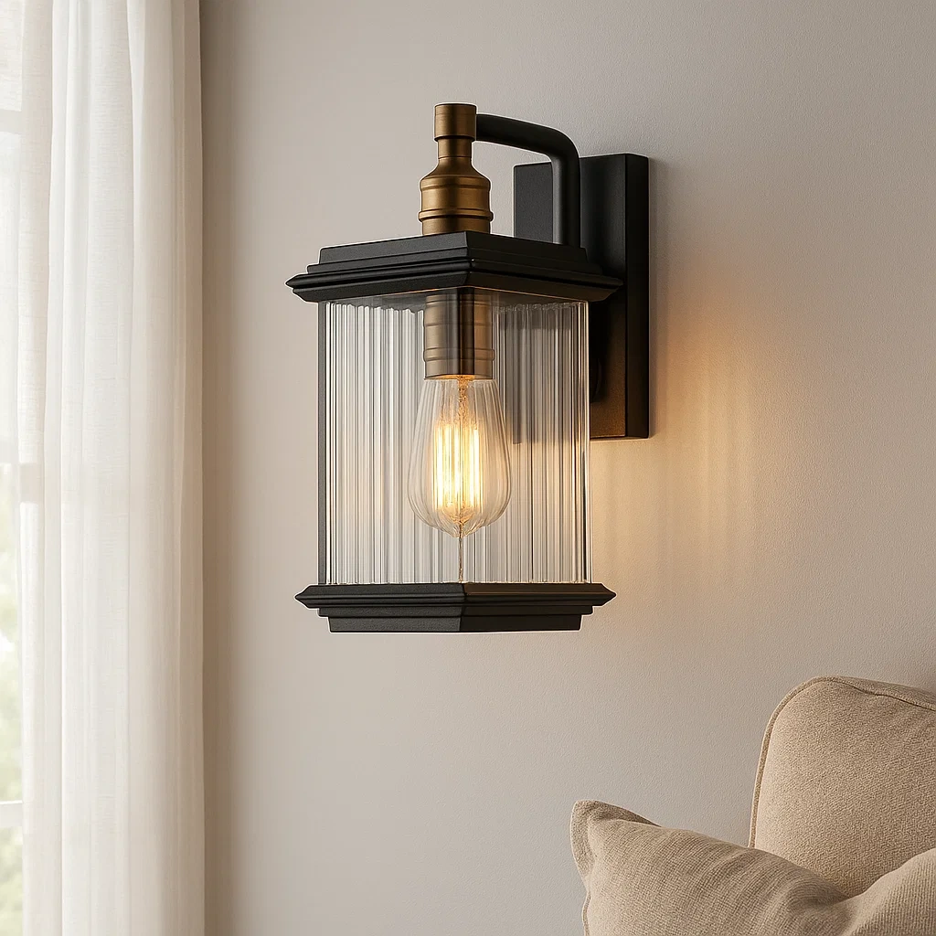 Aplique de pared exterior con vidrio transparente y detalles en latón