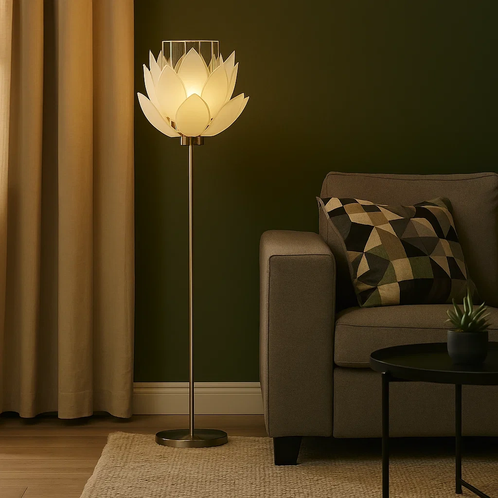 Lámpara de pie con diseño de flor de loto en vidrio esmerilado