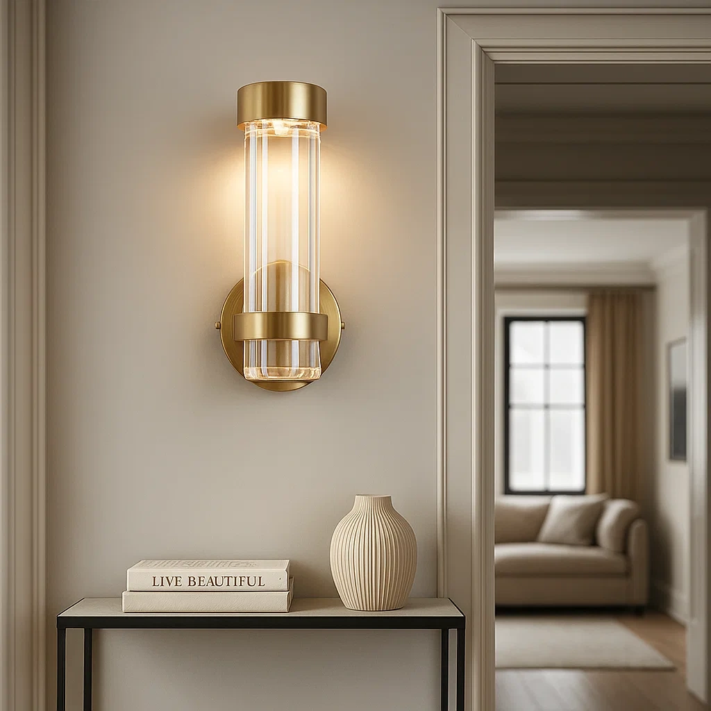 Lámpara de pared cilíndrica de cristal con detalles en metal dorado