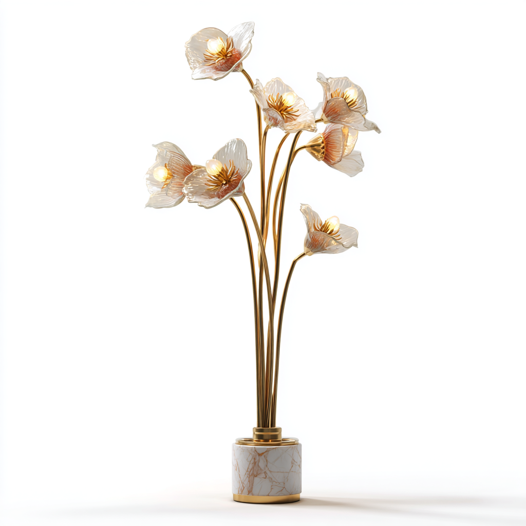 Lámpara de pie floral con base de mármol y brazos dorados curvados