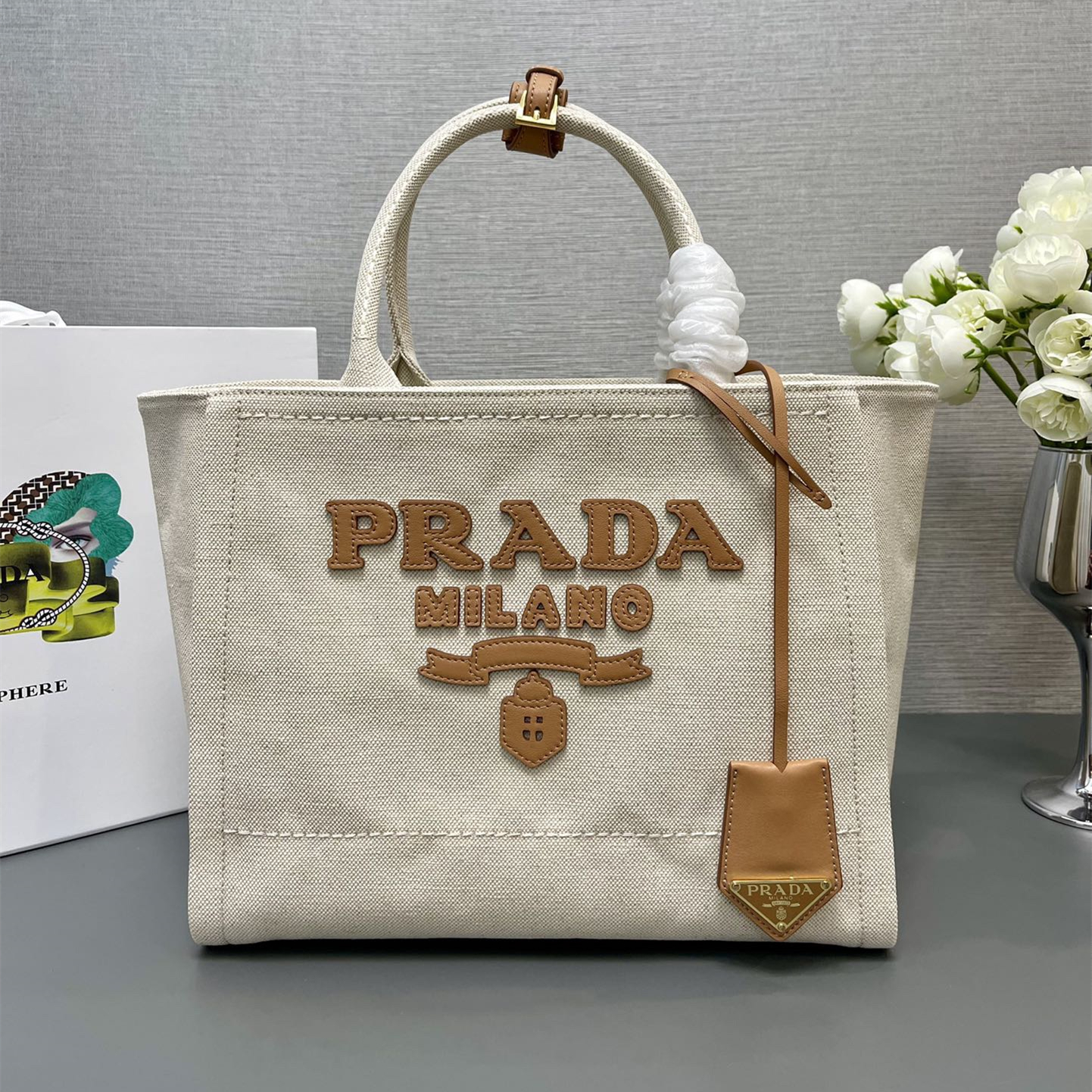 Prada 1BG474 Medium linen blend tote Shopping Bags Size 31*25*14cm