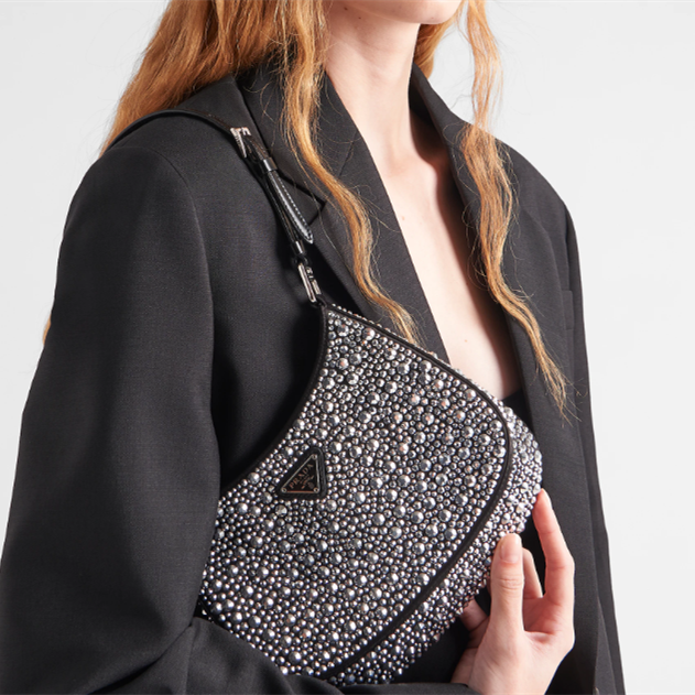 Prada 1BC169 Cleo Satin Women Shoulder Bags with Crystals Size 22*18.5*4.5cm
