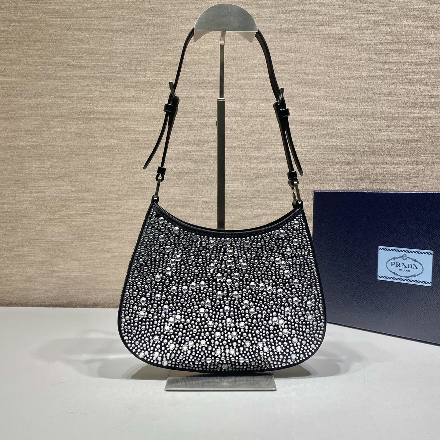 Prada 1BC169 Cleo Satin Women Shoulder Bags with Crystals Size 22*18.5*4.5cm