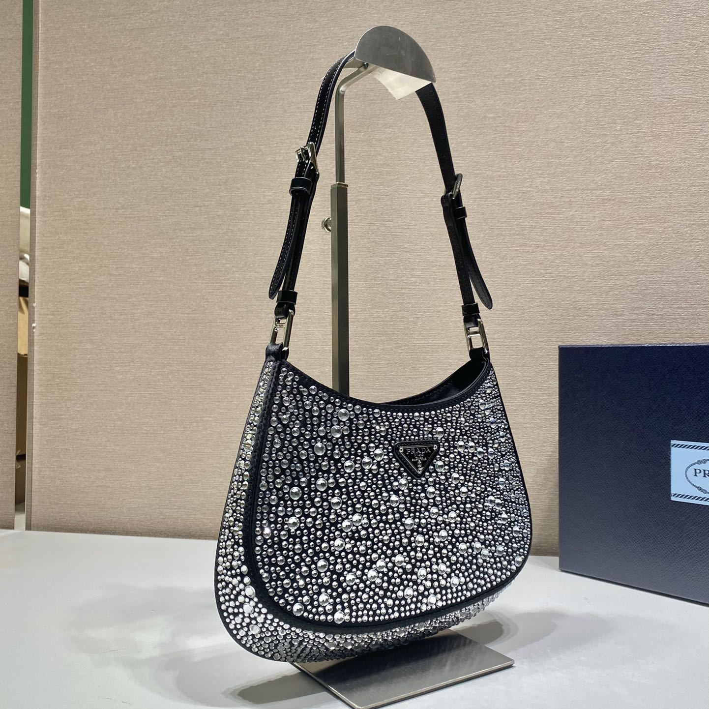 Prada 1BC169 Cleo Satin Women Shoulder Bags with Crystals Size 22*18.5*4.5cm