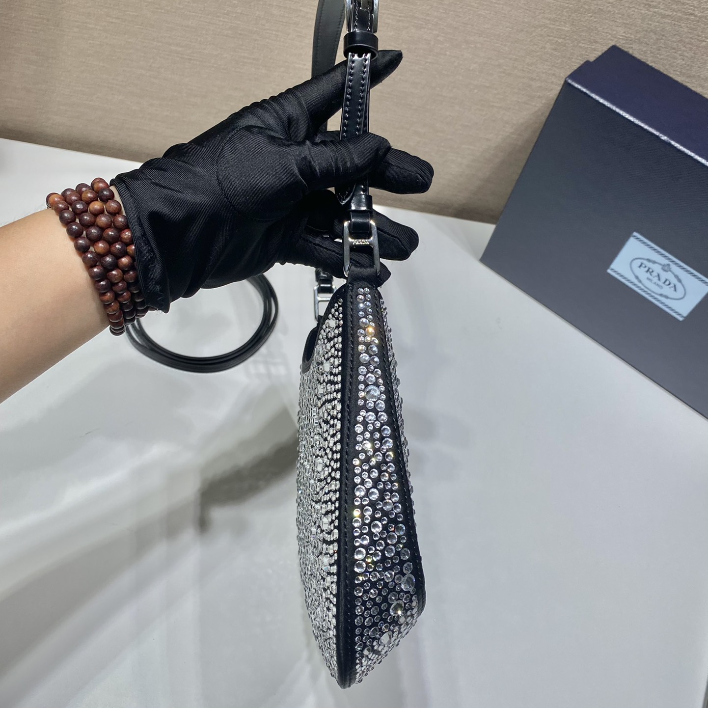 Prada 1BC169 Cleo Satin Women Shoulder Bags with Crystals Size 22*18.5*4.5cm