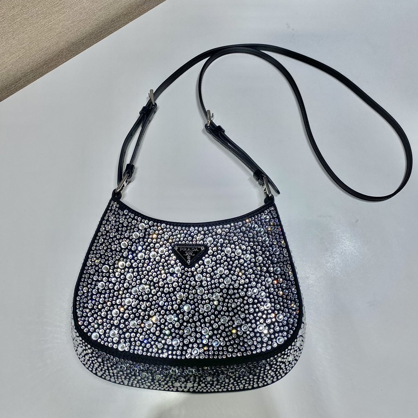 Prada 1BC169 Cleo Satin Women Shoulder Bags with Crystals Size 22*18.5*4.5cm