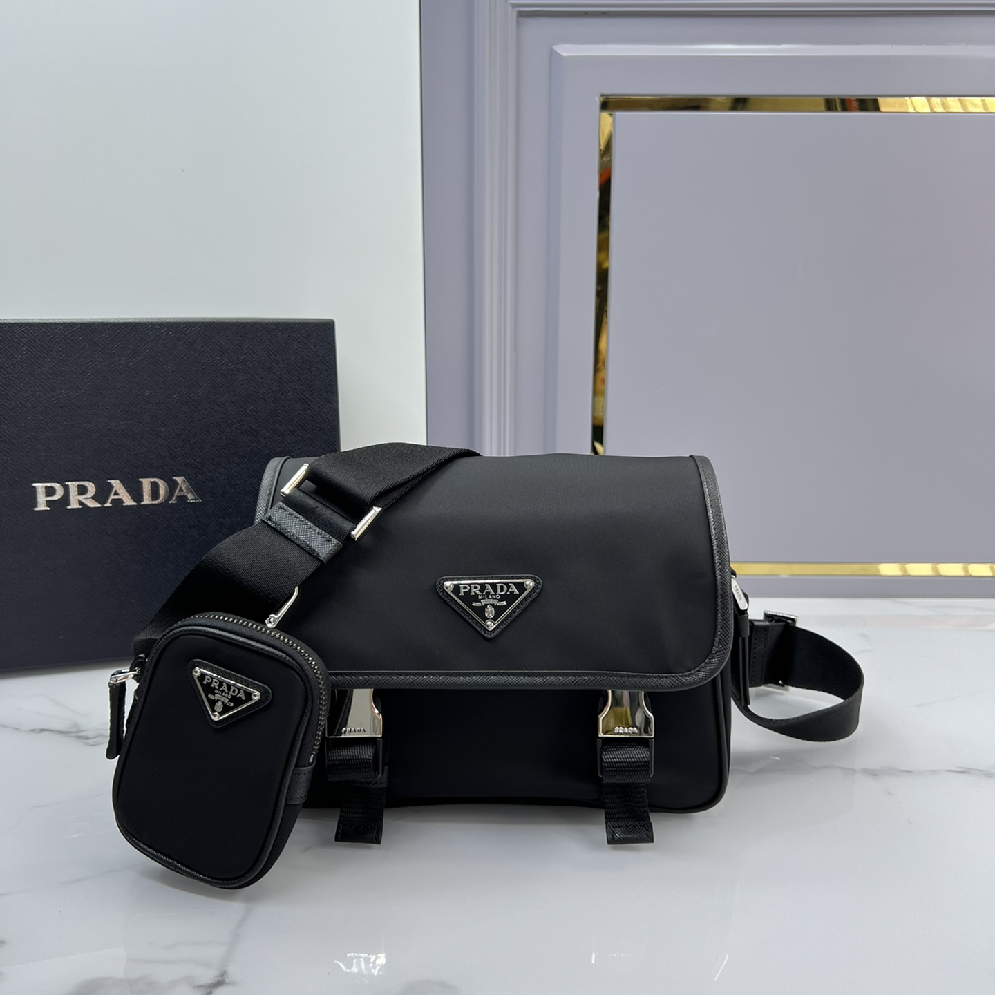 Prada 2VD034 Re-Nylon and Saffiano Leather Mens Shoulder Bags Size 22*16*8.5cm