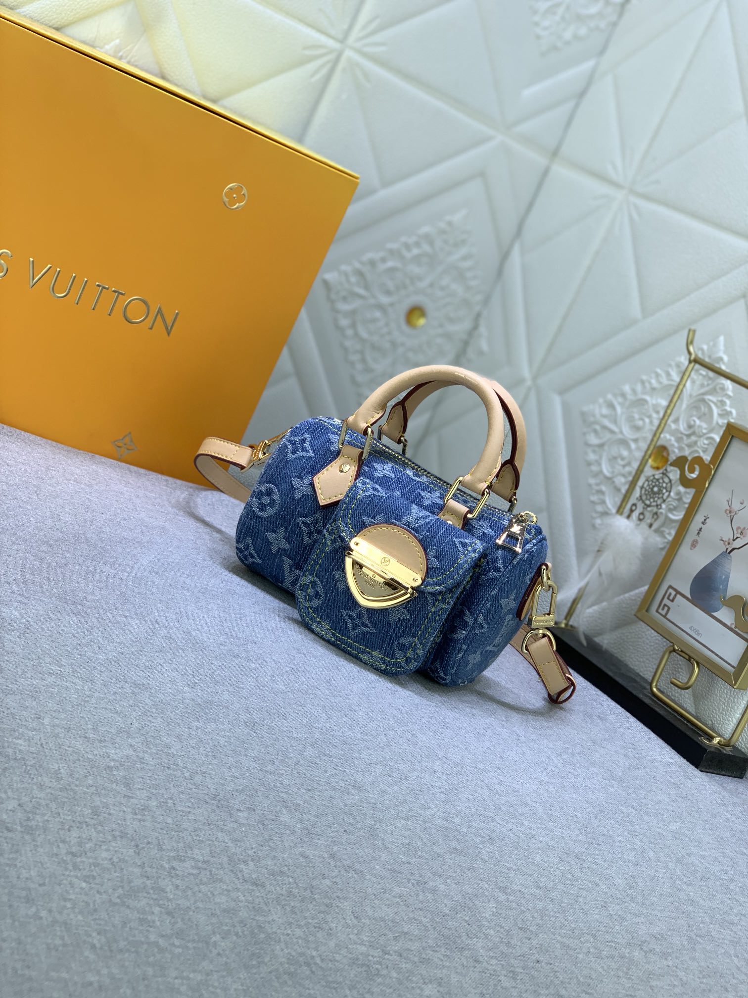 Louis Vuitton M82950 Nano Speedy Denim Cowboy Women Shoulder Bags Size 16*7*10cm