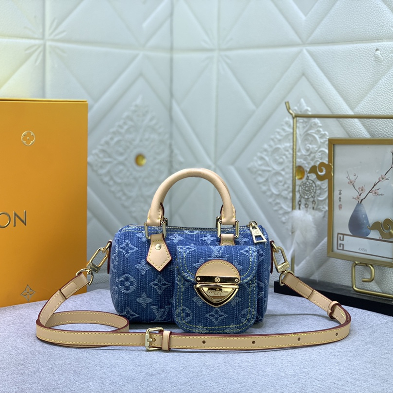 Louis Vuitton M82950 Nano Speedy Denim Cowboy Women Shoulder Bags Size 16*7*10cm