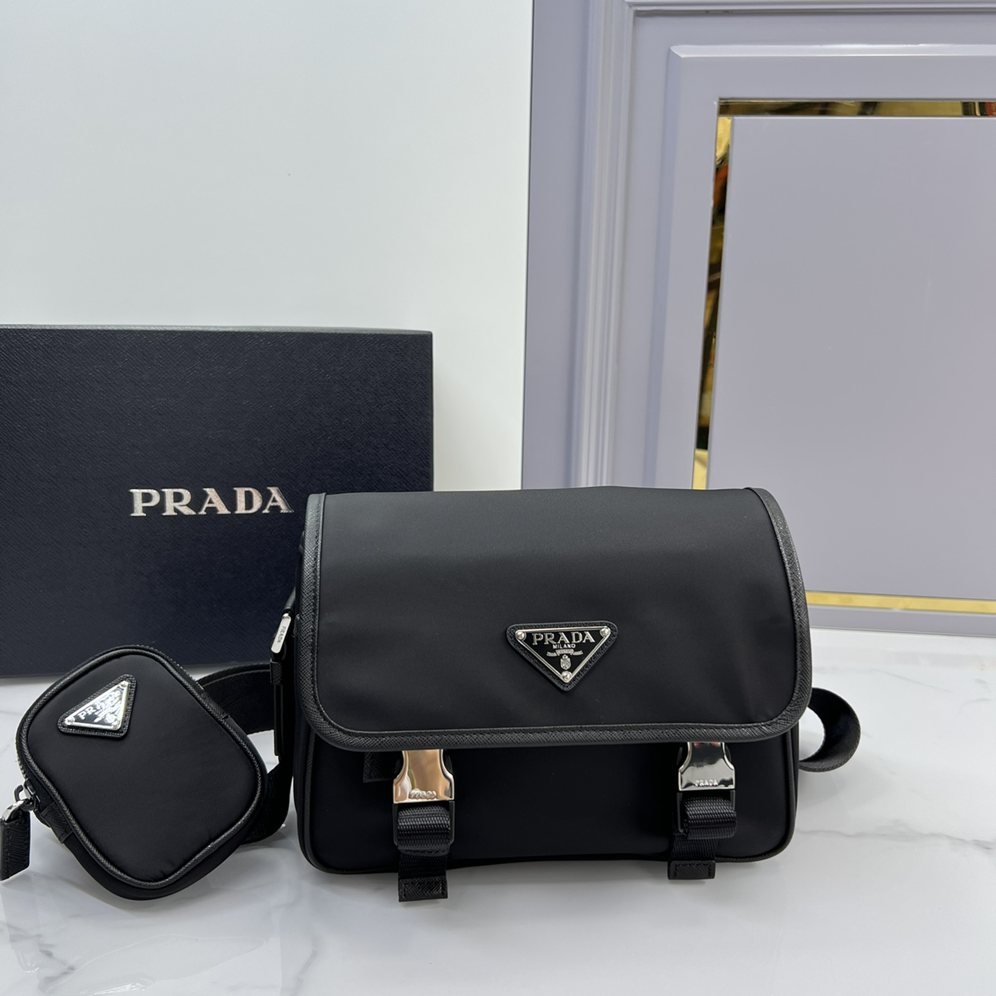 Prada 2VD034 Re-Nylon and Saffiano Leather Mens Shoulder Bags Size 22*16*8.5cm