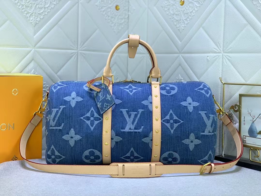 Louis Vuitton KEEPALL BANDOULIÈRE 45 Keepall Bandoulière Monogram Denim Travel Bags Size 45*27*20cm