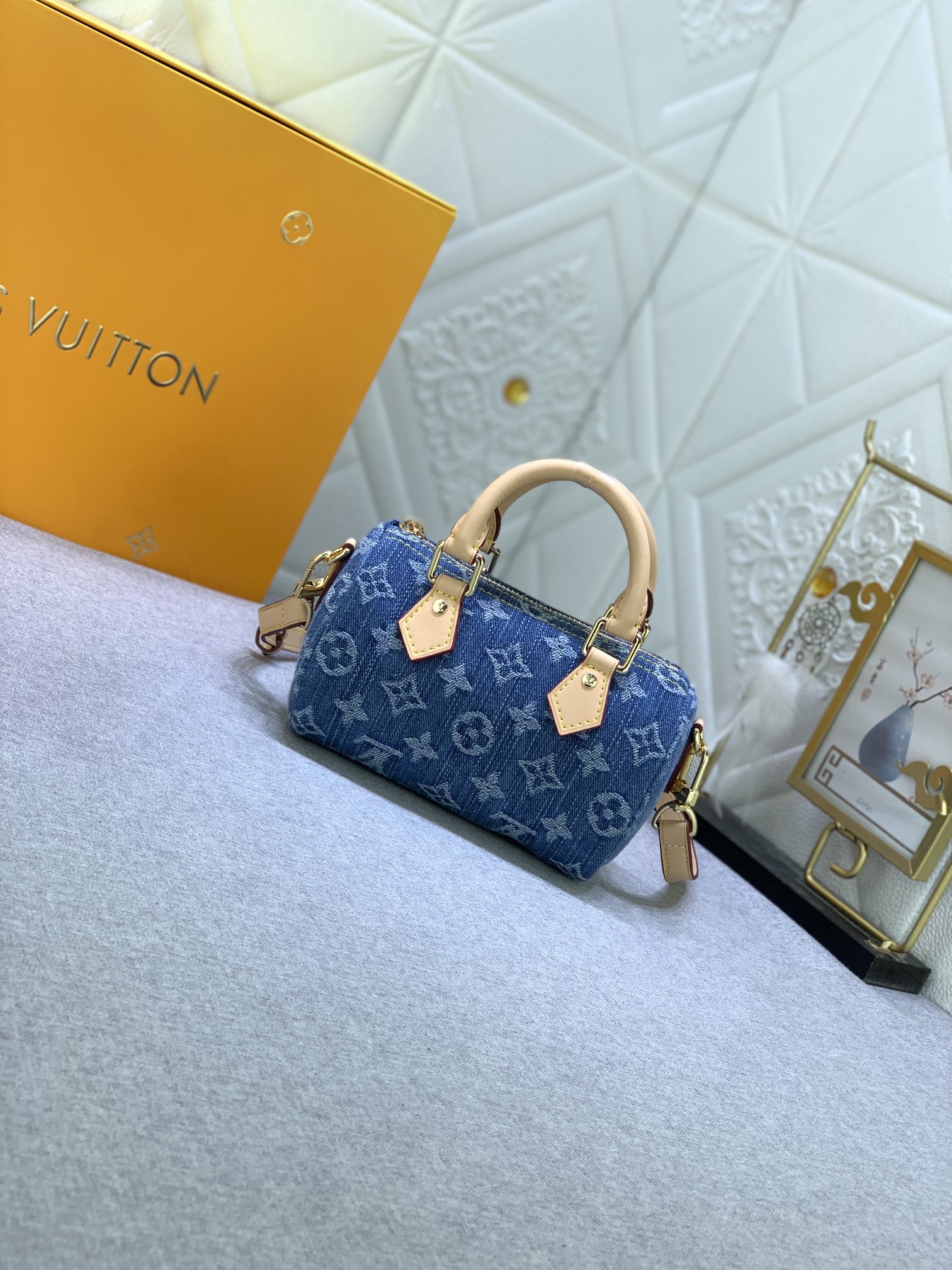Louis Vuitton M82950 Nano Speedy Denim Cowboy Women Shoulder Bags Size 16*7*10cm