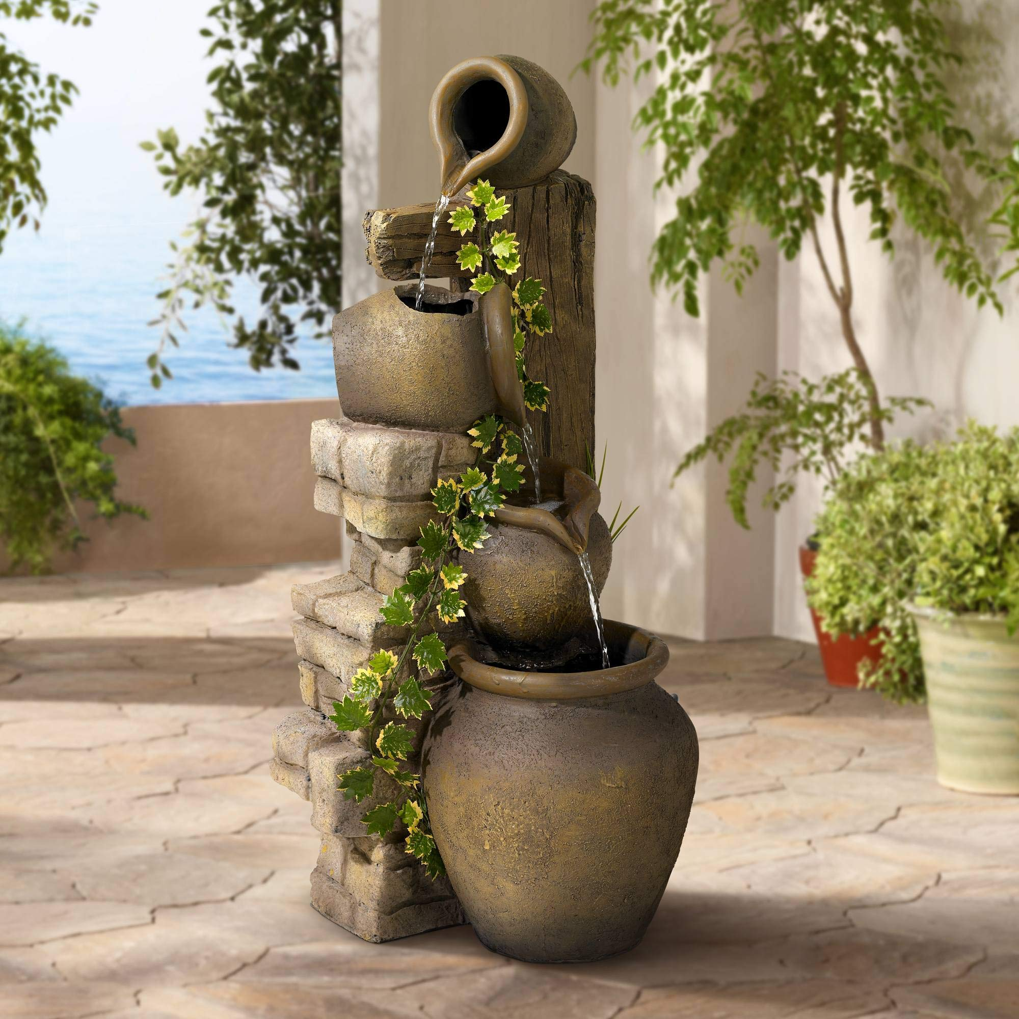 【Décor】Cascading Rustic Outdoor Floor Three Jugs Fountain & Waterfalls 33