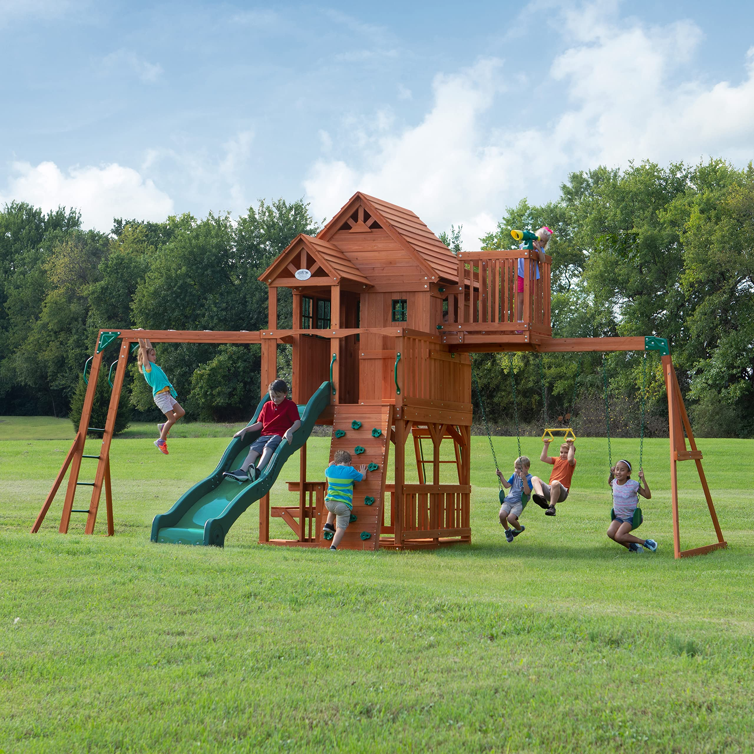 【Baby&Kids】Skyfort II Playground Cedar Wood Swing Set with Playhouse Fort, Sandbox, Picnic Table, Slide