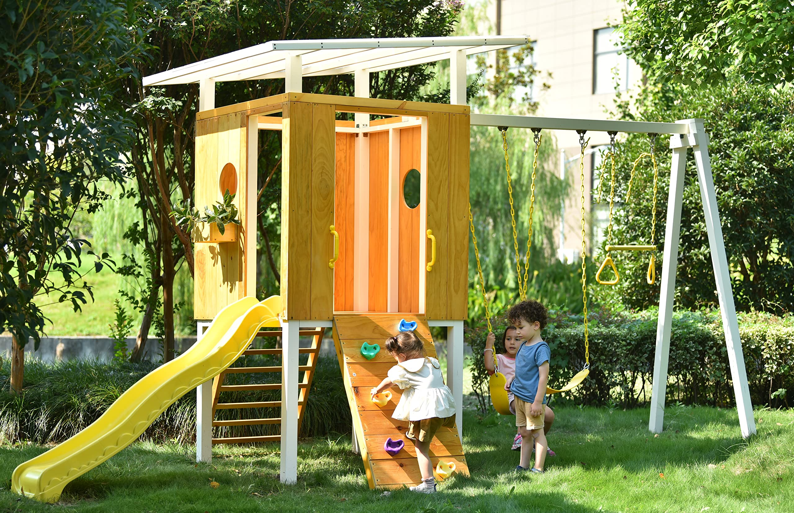 【Baby&Kids】Modern Outdoor Backyard Swing Set Children's Rock Climbing Wood Playground Playset 2 Belt Swings