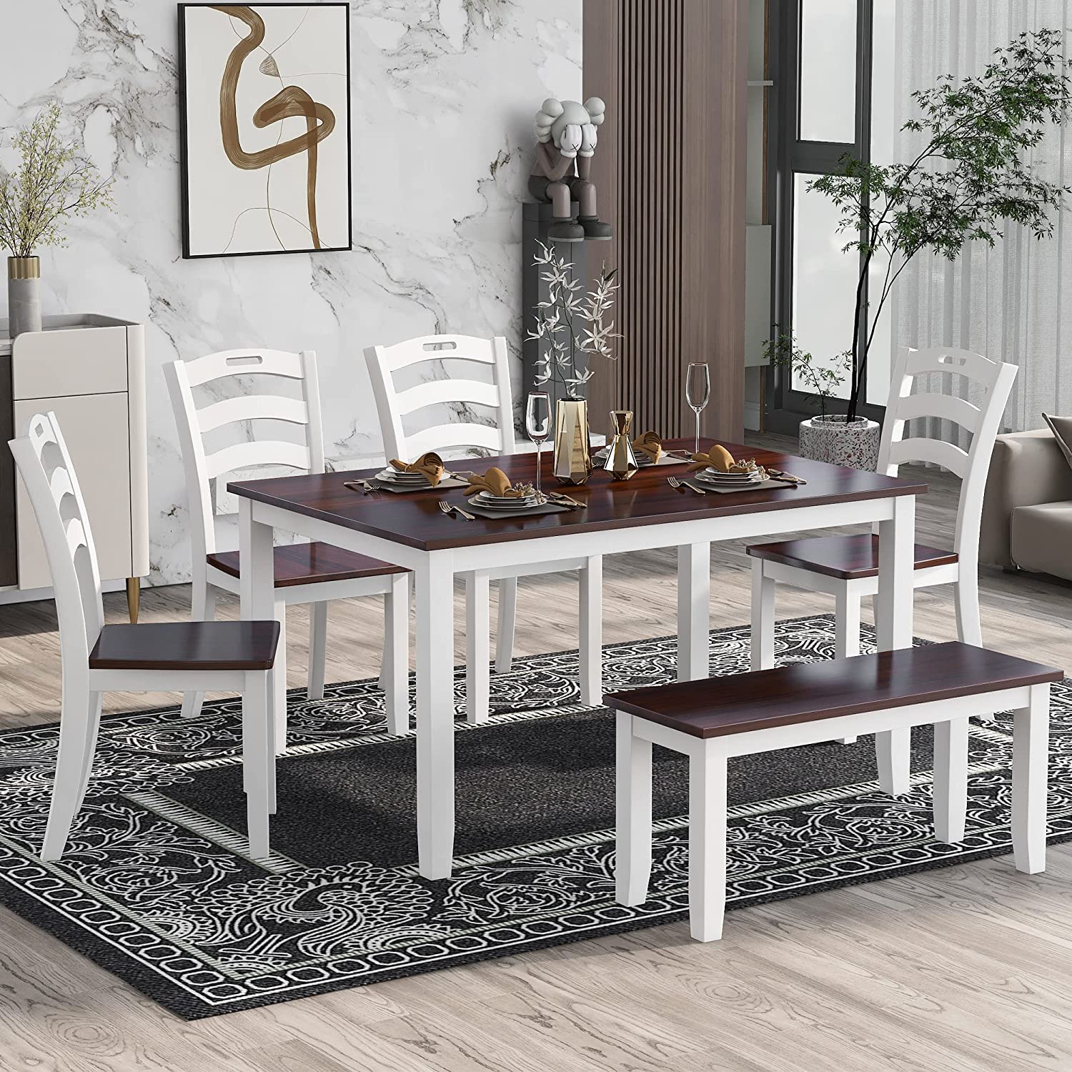 Merax Dining Table Sets, 6 Piece Wood Kitchen Table Set, Home Furniture Table Set with Chairs & Bench (White + Cherry)