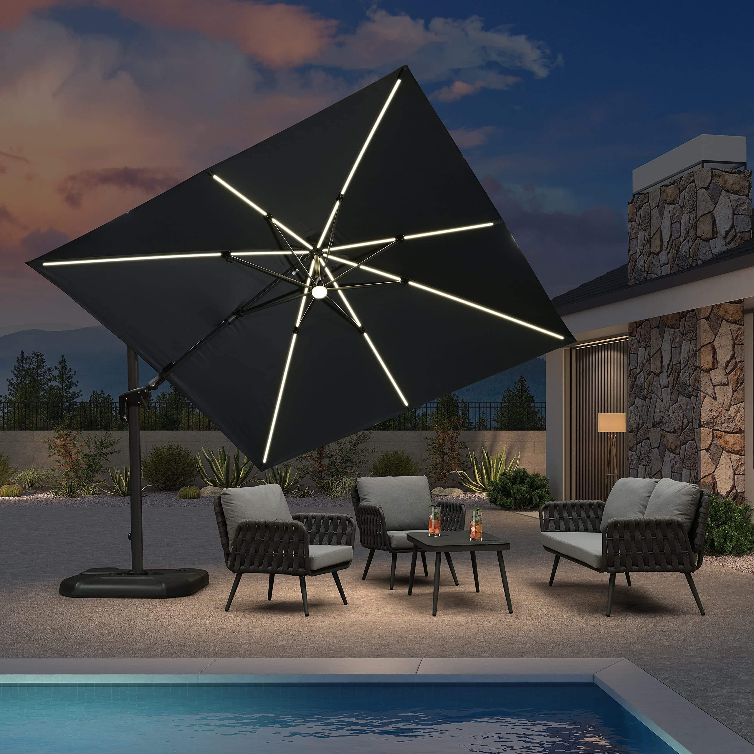 【Home&Garden】10 Feet Patio Umbrella Outdoor Cantilever Solar Powered LED Swivel Square Umbrella