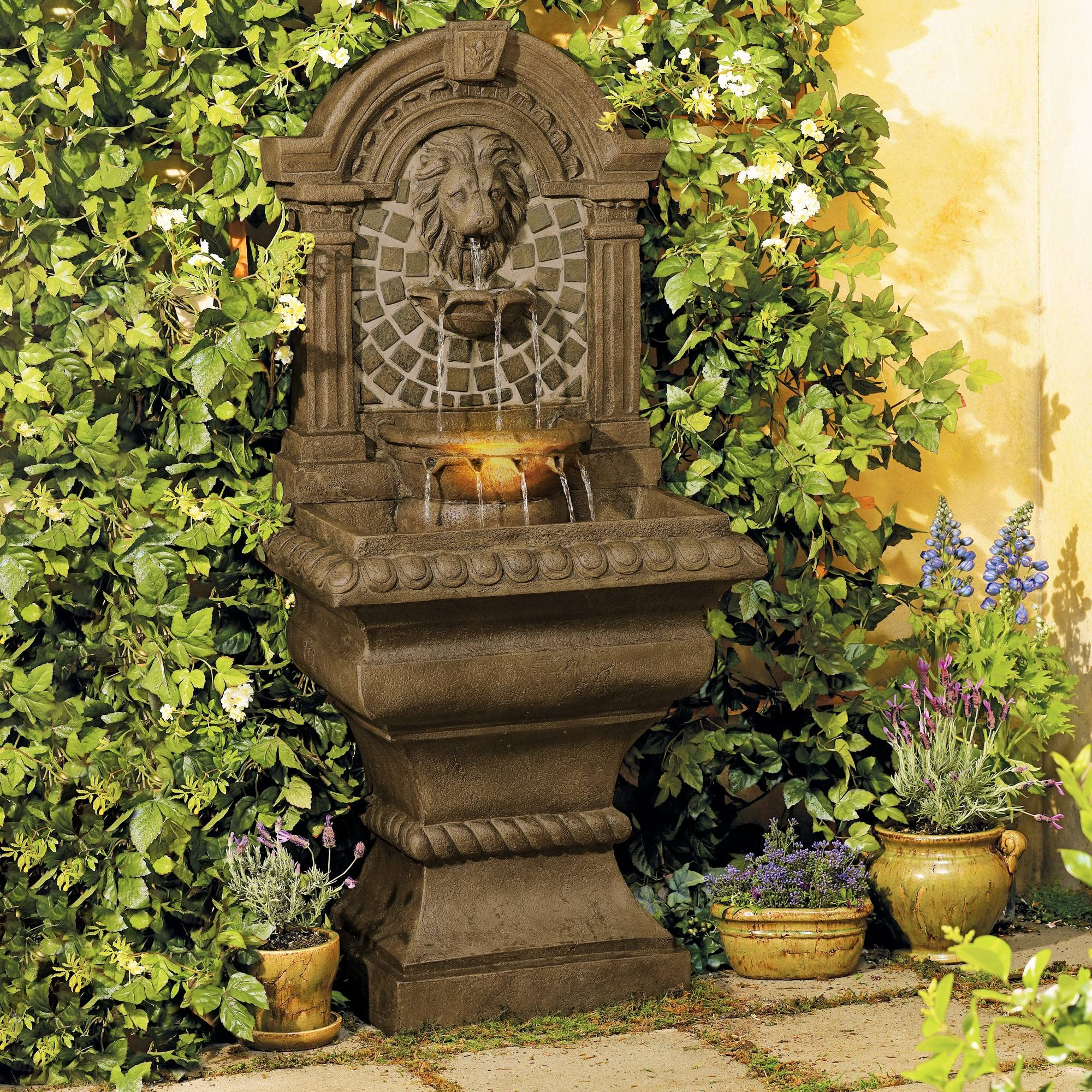 【Décor】Royal Lions Head Mediterranean Outdoor 3 Tiered Wall Water Fountain 51