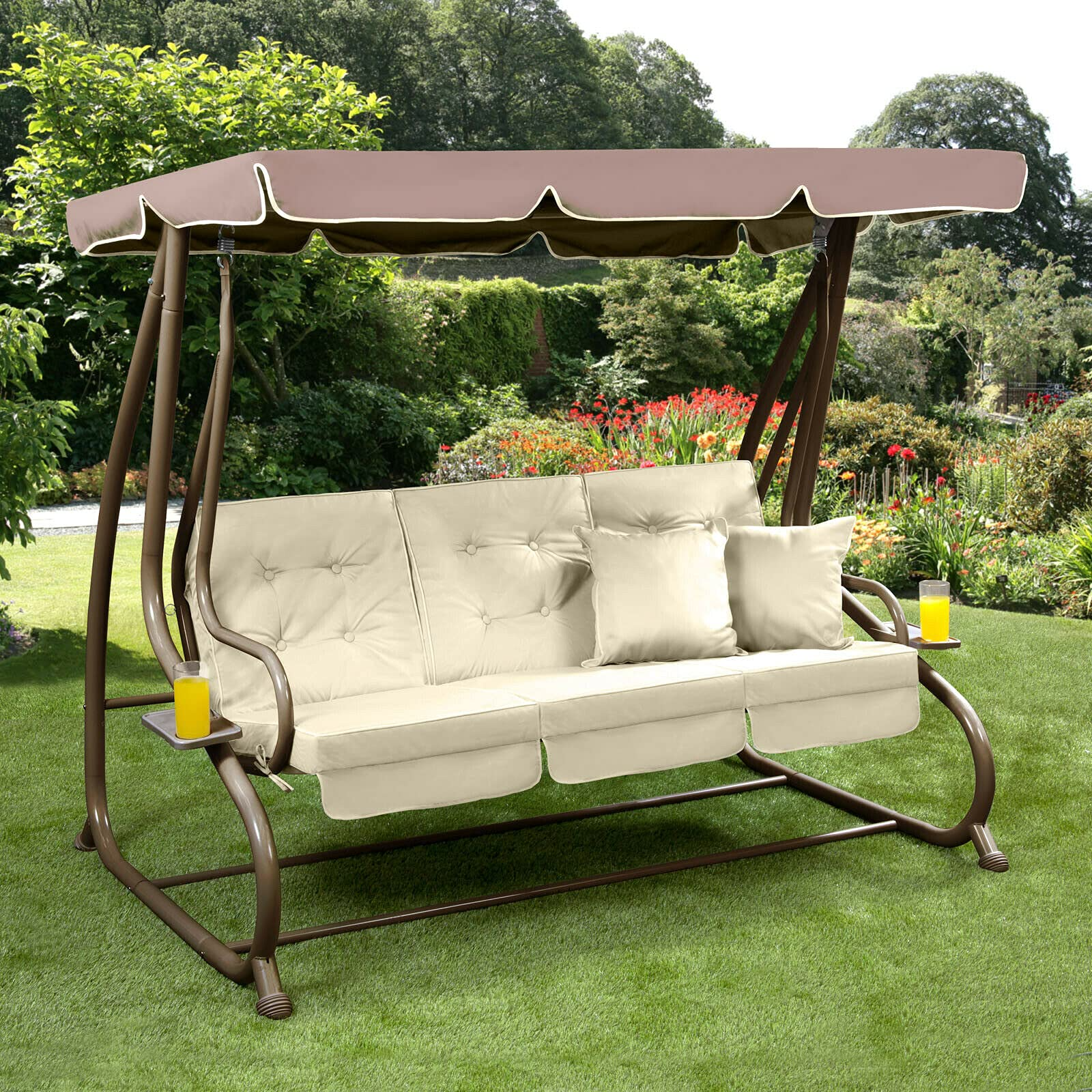 【Home&Garden】Somerset 3 Seat Swing Hammock Bed Heavy Duty Garden Bench Patio Brown Cream Seat