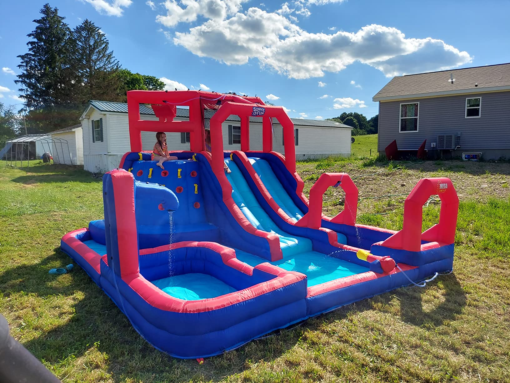 【Baby&Kids】Inflatable Water Slide Park - Climbing Wall, 2 Slides, Splash & Deep Pool