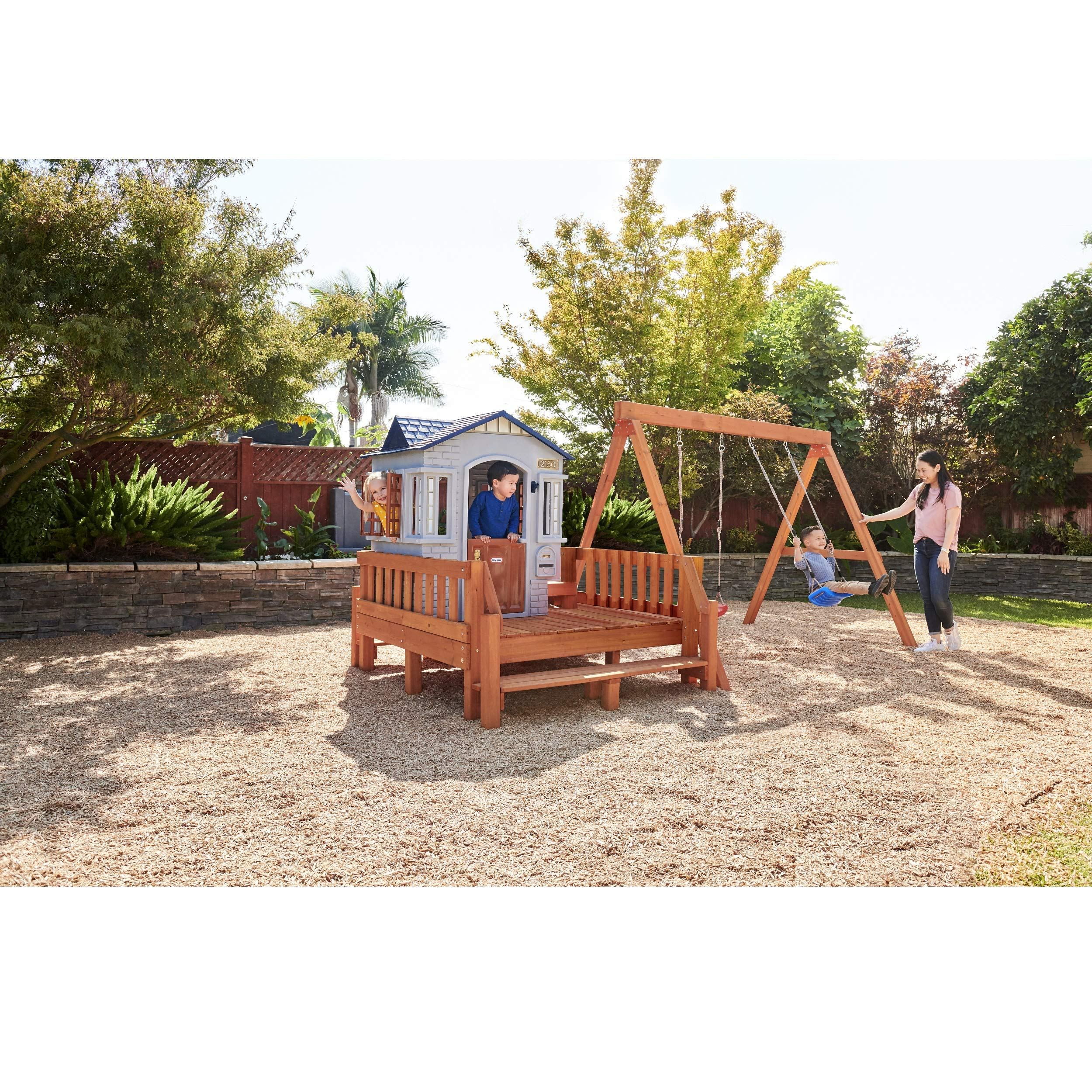 【Baby&Kids】Chipmunk Cottage Outdoor Wooden Backyard Playset with Swing Set and Playhouse for Kids
