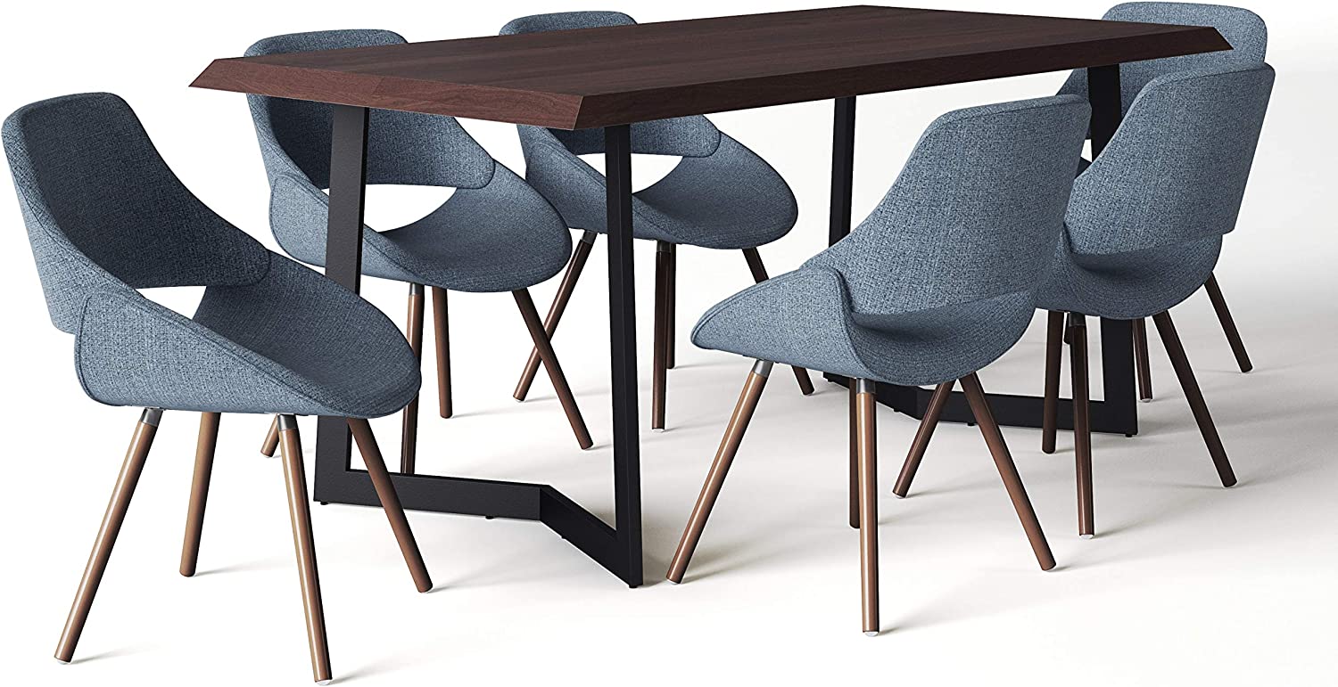 SIMPLIHOME Malden Mid Century Modern V 7 Pc Dining Set with 6 Upholstered Bentwood Dining Chairs in Natural Woven Polyester Fabric and 66 inch Wide Table SOLID MANGO WOOD Full Assembly Required