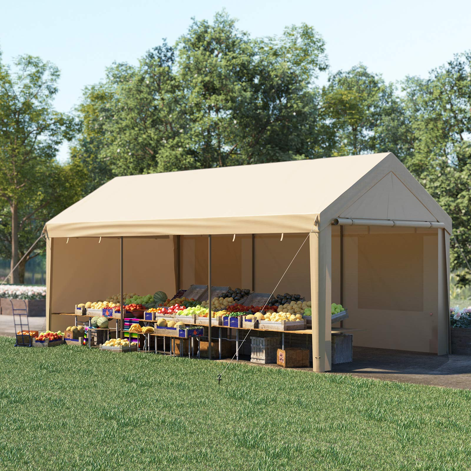 【Home&Garden】10x20ft Heavy Duty Carport, Portable Garage for Auto, Boat Market stall, Car Tent Windows, Beige