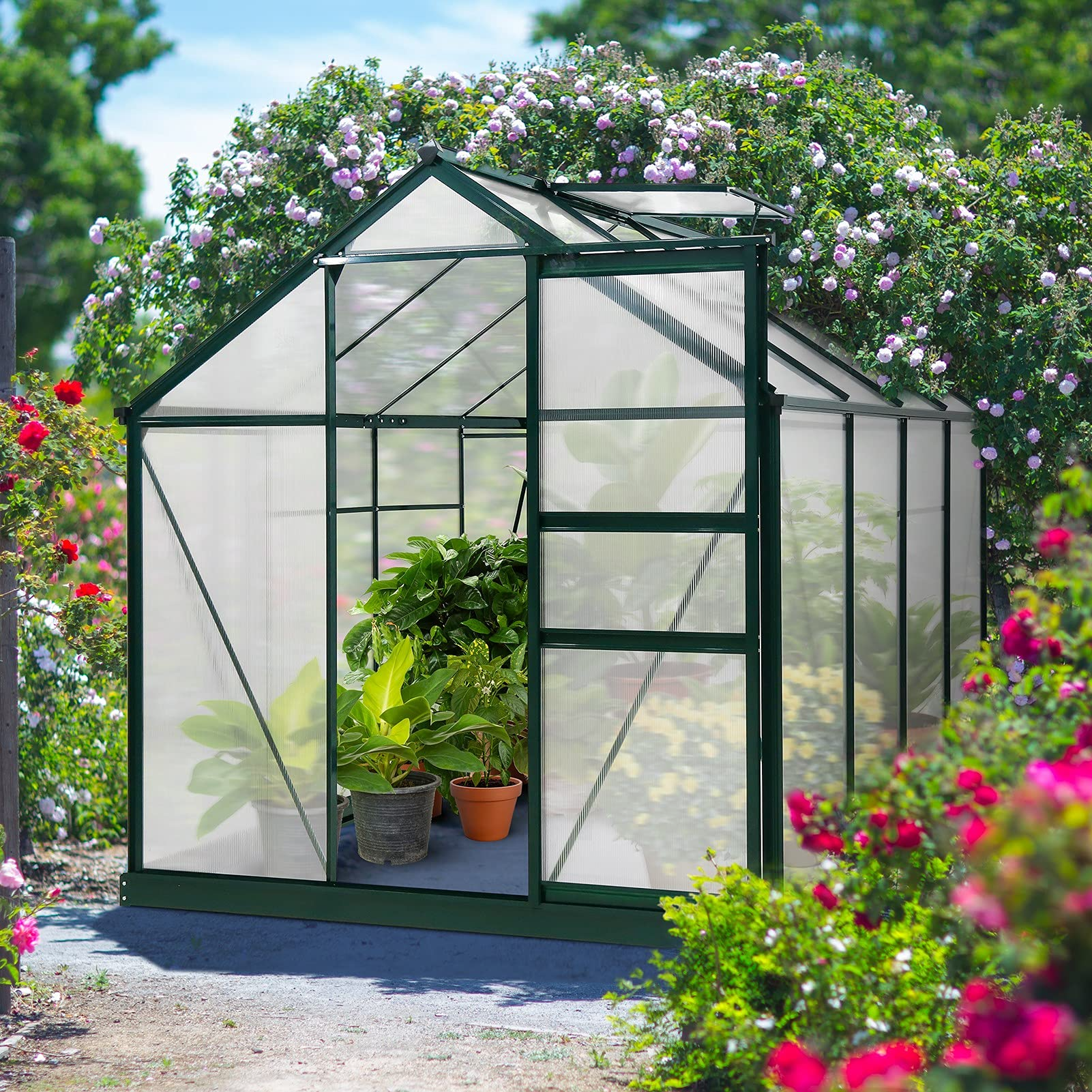 【Home&Garden】6' x 8' x 7' Outdoor Walk-in Hobby Greenhouse with Sliding Door & Ventilation Window
