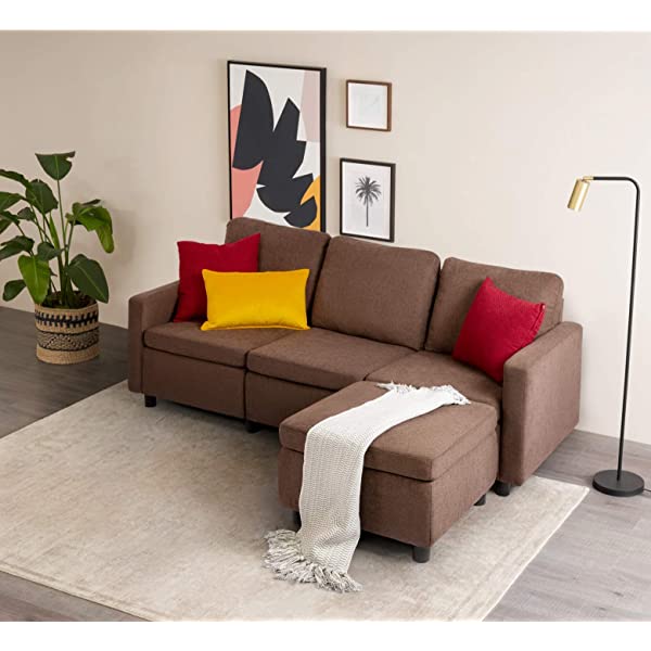 Flamaker Convertible Sectional Sofa L-Shaped Couch 3-seat Modern Fabric Reversible Sofa Couch for Living Room (Brown)