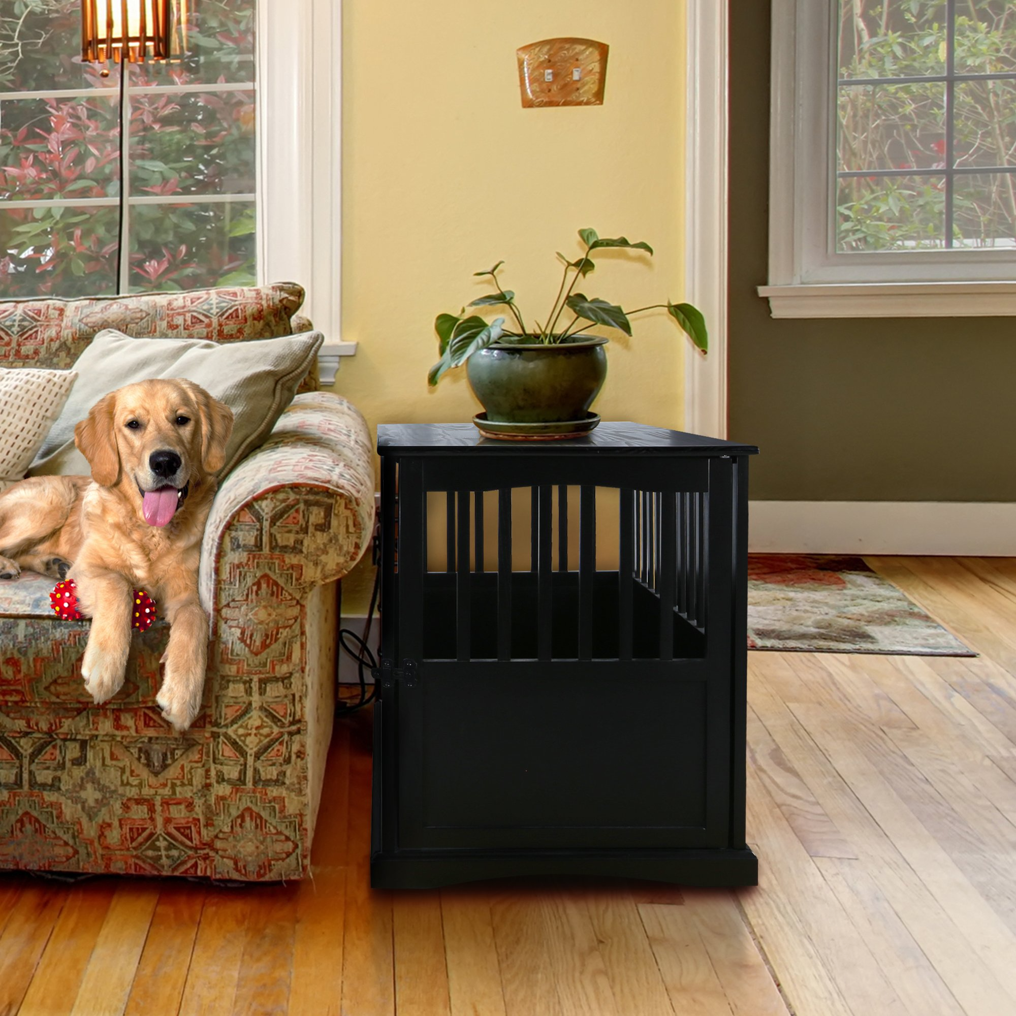 【Pet】Wooden Large Pet Crate, End Table, Black