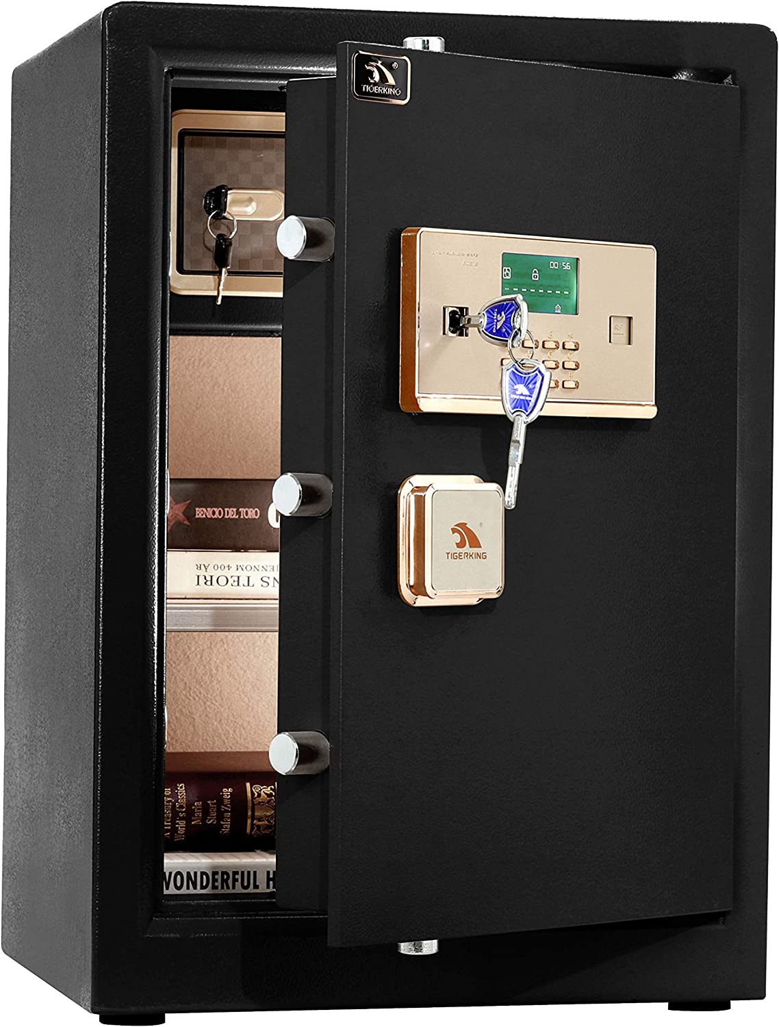 TIGERKING Safe Box,Home Safe,Large Security Box with Double Safety Key Lock and Password for Money and Document,3.7 Cubic Black