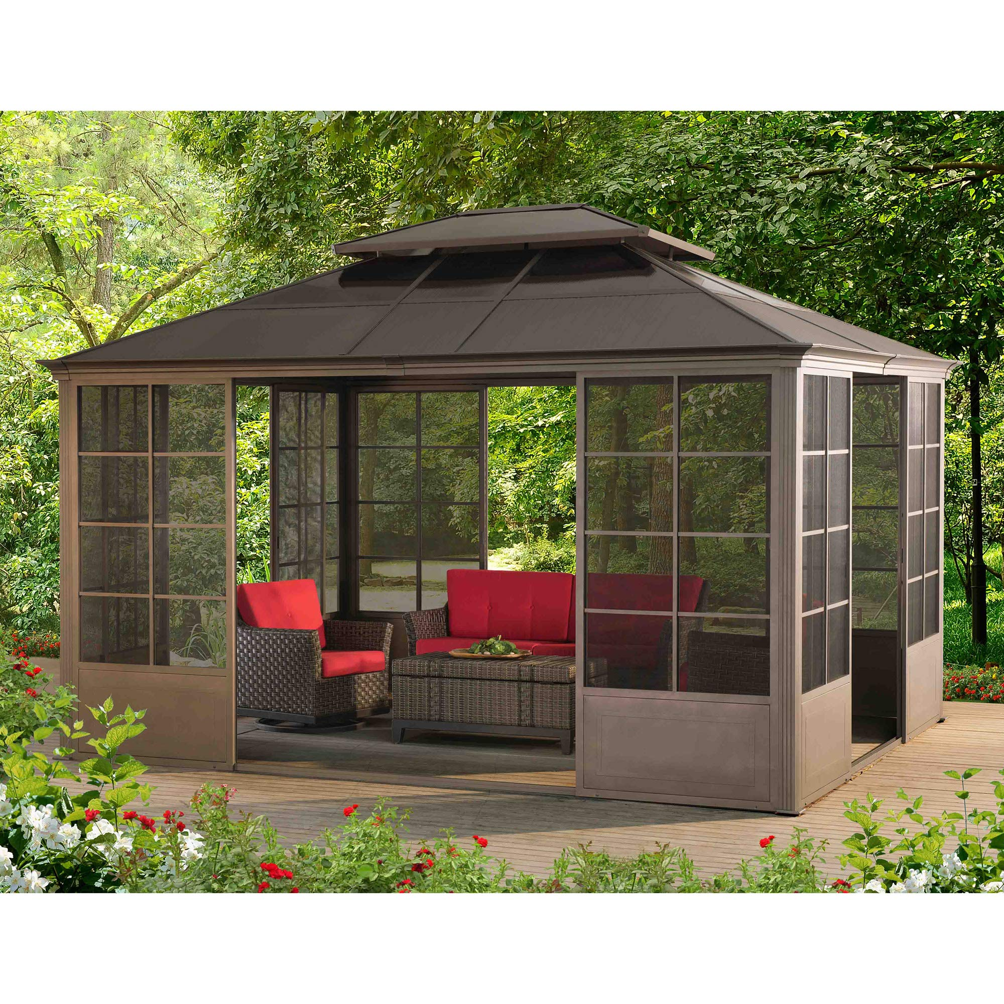 【Home&Garden】Outdoor Sunroom 12x14 ft. Steel Screenhouse with 2-Tier Hardtop Hot Tub Gazebo, Brown