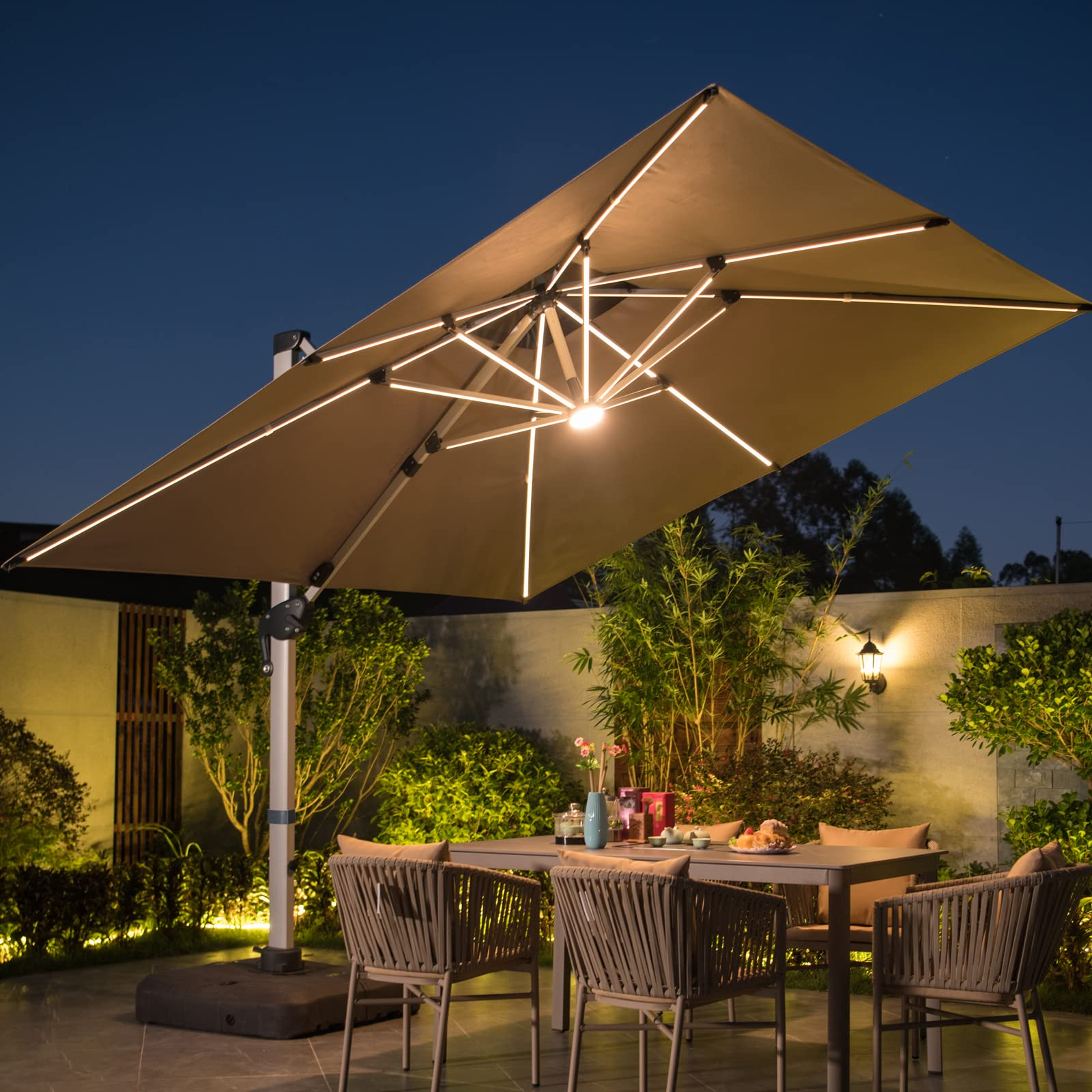 【Home&Garden】10 FT Square Cantilever Umbrella with Solar LED Lights & Cross Base, Large Patio Umbrella