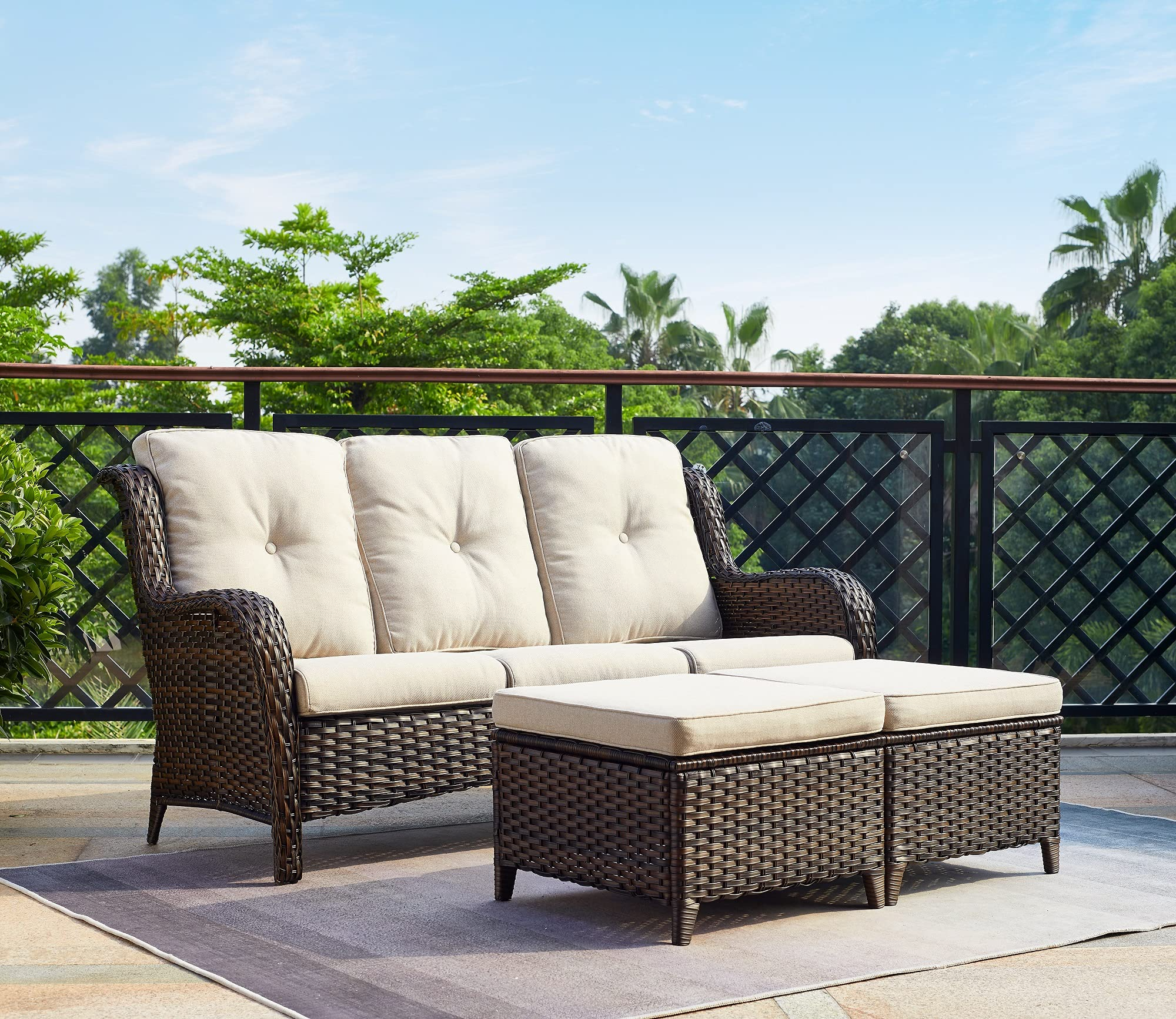【Furniture】Outdoor Furniture Set, 5-Pc Patio Wicker Sofa Set with 3-Seat Couch, 2 Armchairs, 2 Ottoman Footrests