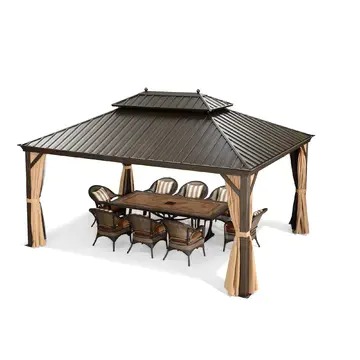 【Gazebo】12' X 16' Permanent Outdoor Hardtop Gazebo，Nettings and Curtains Included